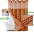 no Hook Shower Curtain and Liner Set，Boho Style with See Through Top Window, BurntOrange Fabric Tufted Striped Textured Outer Curtain & Waterproof Inner Liner, Orange, 71Wx98H