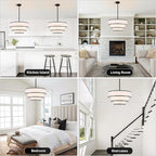 19.8'' Drum Chandelier for Dining Room Light Fixtures 5-Light White Fabric Pendant Light Fixture, Modern Farmhouse 3-Tier Black Chandelier for Living Room Bedroom Entryway Staircase