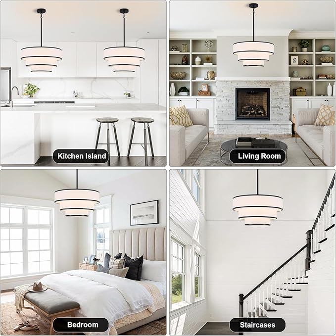 19.8'' Drum Chandelier for Dining Room Light Fixtures 5-Light White Fabric Pendant Light Fixture, Modern Farmhouse 3-Tier Black Chandelier for Living Room Bedroom Entryway Staircase