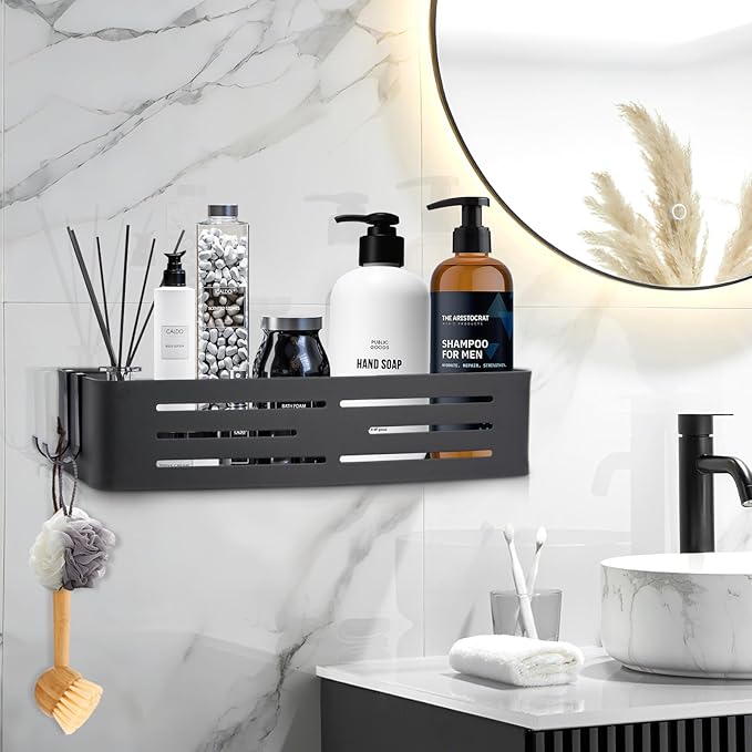Shower Caddy Shelf Rack, Self Adhesive Shower Shelves with Hooks, Rustproof Bathroom Organizers and Storage, Home Decor Accessories (Rectangle-Black)