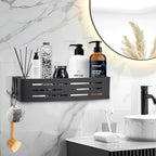 Shower Caddy Shelf Rack, Self Adhesive Shower Shelves with Hooks, Rustproof Bathroom Organizers and Storage, Home Decor Accessories (Rectangle-Black)