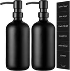 GMISUN Black Soap Dispenser, 2 Pack Matte Black Hand Soap Dispensers Bathroom with Stainless Steel Pump, 17 Fl Oz Glass Dish Soap Dispenser Set for Kitchen, Modern Liquid Soap Bottle with Labels