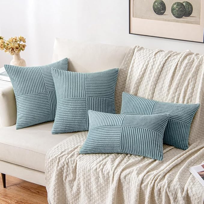 MIULEE Dusty Blue Corduroy Pillow Covers Pack of 2 Boho Decorative Spliced Throw Pillow Covers Soft Solid Couch Pillowcases Cross Patchwork Textured Cushion Covers for Living Room Bed Sofa 18x18 inch