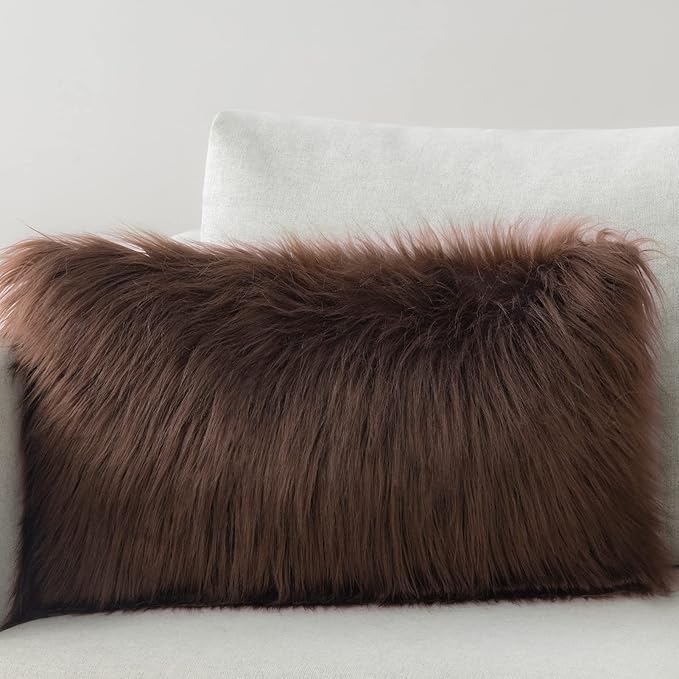 Phantoscope Faux Fur Pillow Cover Decorative Fluffy Throw Pillow Mongolian Luxury Fuzzy Pillow Case Cushion Cover for Bedroom and Couch,Coffee 12 x 20 Inches…