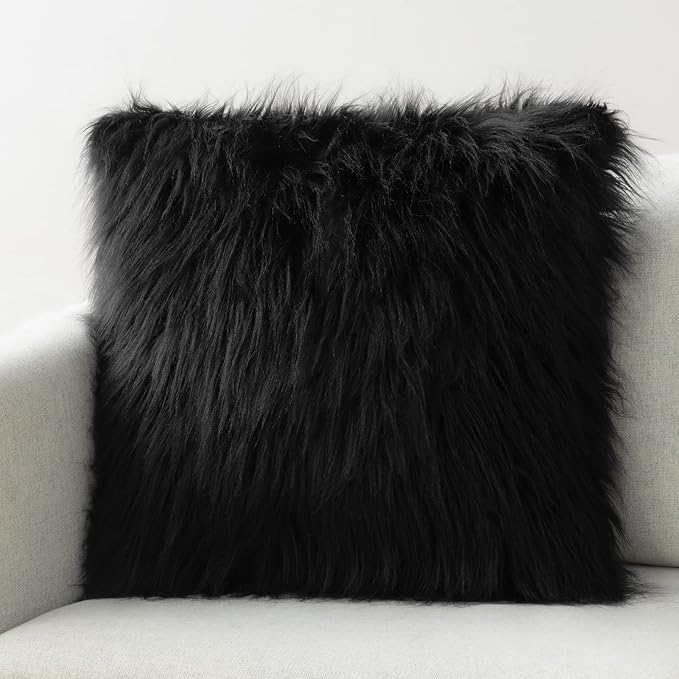 Phantoscope Faux Fur Solid Decorative Pillow Cover Fluffy Throw Pillow Mongolian Luxury Fuzzy Pillow Case Cushion Cover for Bedroom and Couch, Black 20 x 20 Inches, Pack of 1