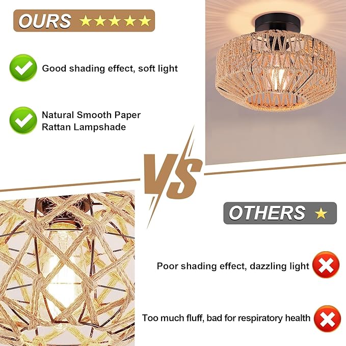 Boho Rattan Ceiling Light Fixture, Mini Rattan Chandelier Lighting Fixture, Hand Woven Ceiling Light Fixtures for Hallway Bedroom Kitchen Entryway Living Room