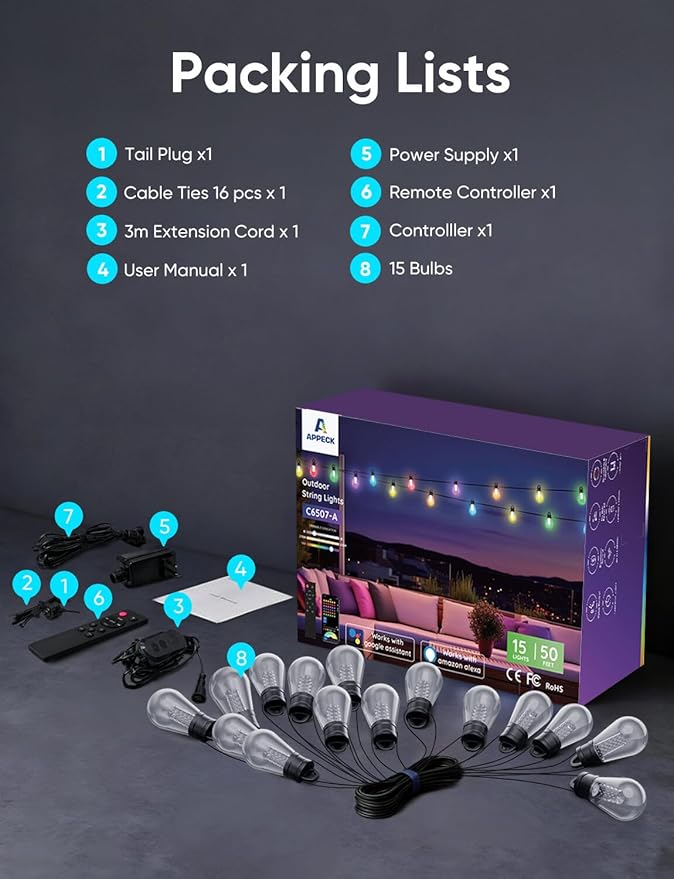 APPECK Smart Outdoor String Lights, 50ft RGBW Outdoor Patio Lights with 15 LED Bulbs, Extendable, 111 Scene Modes, IP65 Waterproof Lighting for Outside, Halloween Decor, Works with Alexa