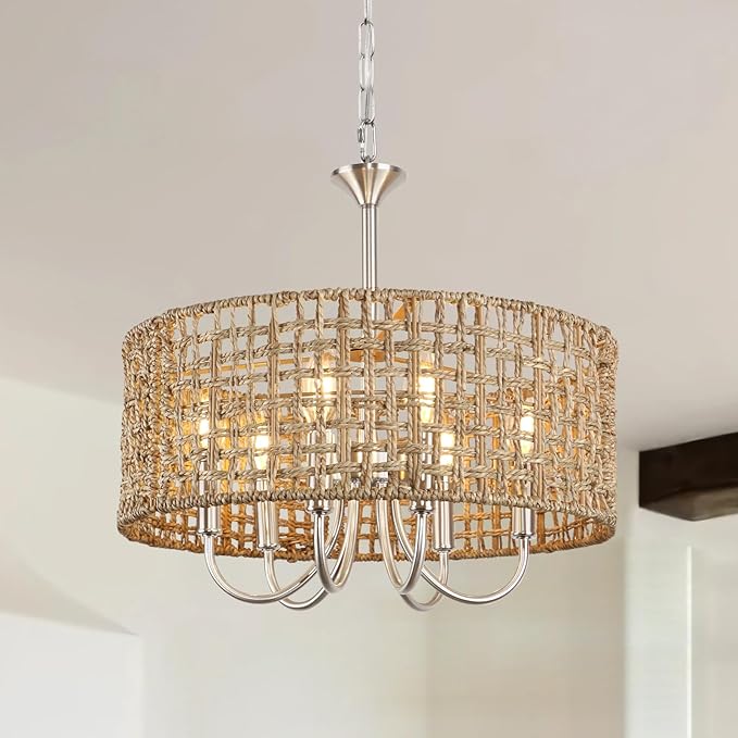 LynPon 17.7" Brushed Nickel Boho Rattan Chandeliers for Dining Room, 6-Light Seagrass Pendant Light Fixtures with Hand Woven Wicker Shade, Farmhouse Drum Chandelier for Living Room Kitchen Hallway
