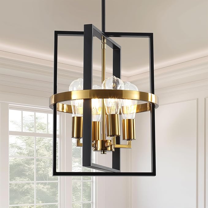 Small Black and Gold Chandelier for Dining Room, 4-Light Modern Pendant Lights Adjustable Geometric Industrial Rustic Foyer Lighting Fixtures for Entryway Living Room Kitchen Island Hallway
