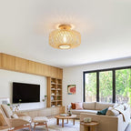 13" Boho Rattan Ceiling Light Fixture - Hand-Woven Natural Bamboo & Wood, Flush Mount Farmhouse Lighting for Bedroom, Living Room, Hallway, Kitchen, Entryway (Gold Finish, E26 Base)