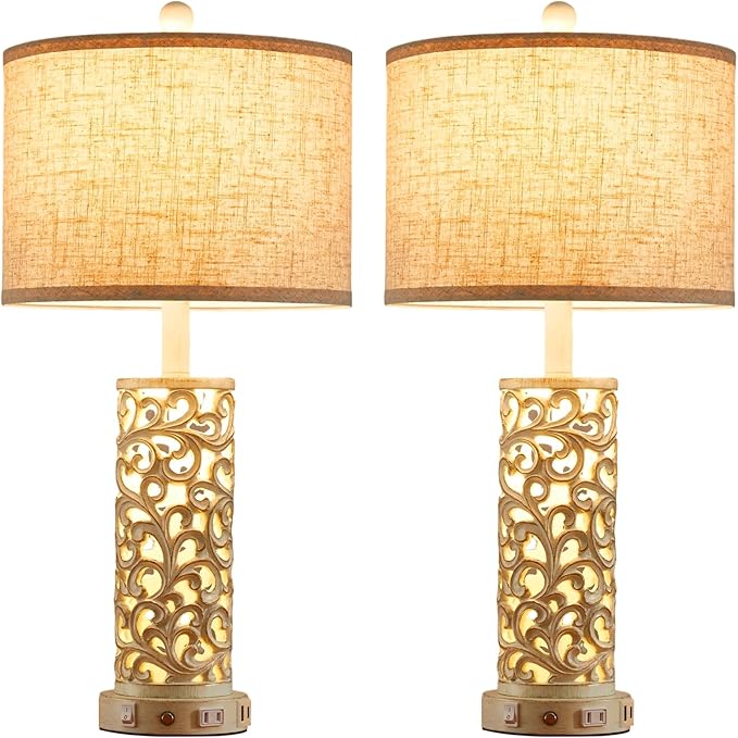 26" Farmhouse Table Lamp - 2 USB A+C 3-Way Dimmable Touch Lamps