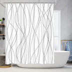 70.8x70.8 Inches Waterproof Shower Curtain Set, 12 Hooks, Gray and White Striped Design, Weighted Hem, Including Bath Mat, U-Shape Mat, and Toilet Lid Cover, Hotel Style Bath Accessories