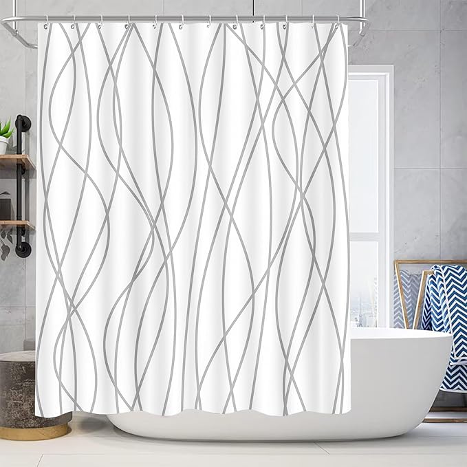 70.8x70.8 Inches Waterproof Shower Curtain Set, 12 Hooks, Gray and White Striped Design, Weighted Hem, Including Bath Mat, U-Shape Mat, and Toilet Lid Cover, Hotel Style Bath Accessories