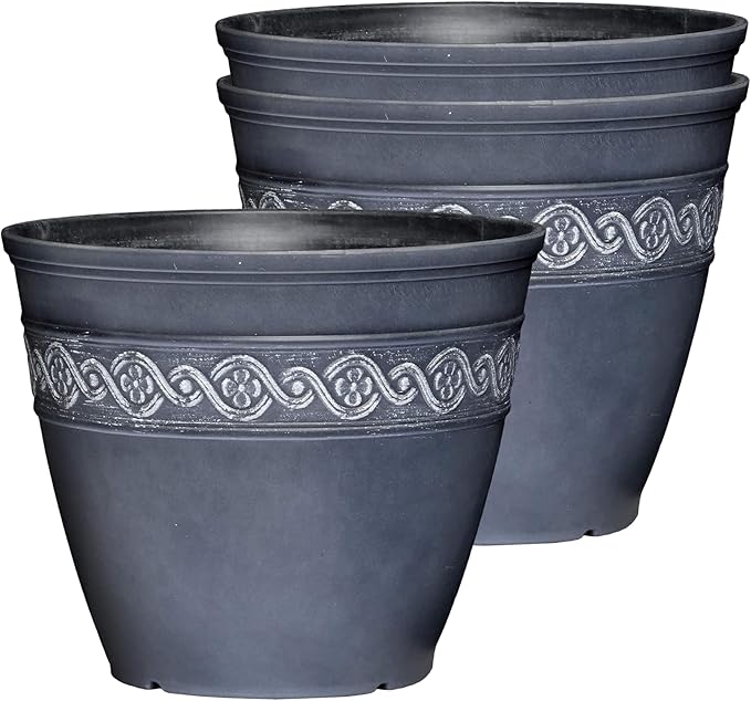 Classic Home and Garden Corinthian Resin Planter Pot - Outdoor & Indoor Plant Pot - Round Planter for Plants & Flowers (8" Storm Gray, Pack of 3)