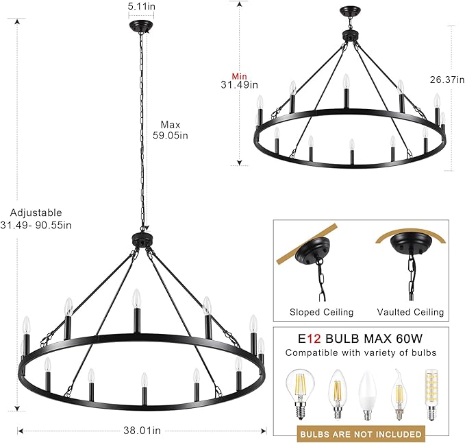 Wagon Wheel Chandelier 12 Light 38" Large Black Farmhouse Chandelier for Dining Room Rustic Country Pendant Light Fixtures Hanging Modern Round Chandeliers for Living Room High Ceilings Foyer Entryway