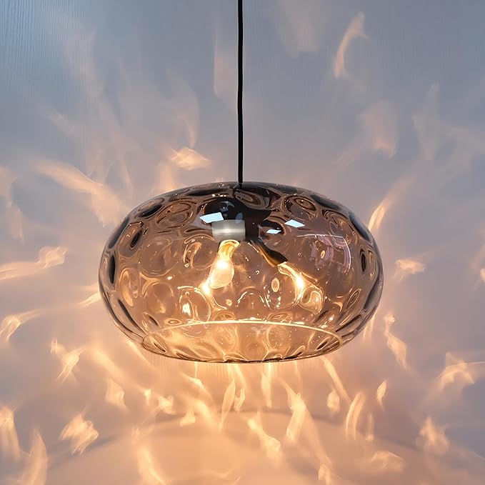 Large Glass Pendant Lighting, 14" Hammered Lampshade Hanging Lamp, 3-Light Matte Black Chandelier for Dining Living Room Kitchen Island (Smoked Grey Glass Shade, 14 Inches)