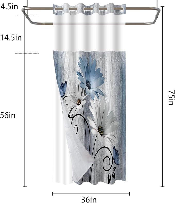 Muuyi Blue Watercolor Floral Shower Curtain,No Hook Shower Curtain,Polyester Shower Curtains with Snap in Fabric,Sheer Top Window for Bathroom Decor,Waterproof & Washable,36W x 75L Inch