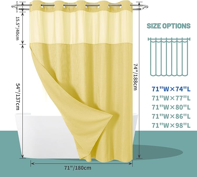 Yellow No Hook Waffle Weave Shower Curtain with snap-in Liner Replacement, 230GSM Waterproof Fabric Hotel Shower Curtain Set for Bathroom, Through Mesh Top Window,71Wx74H