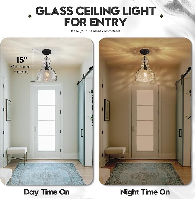 Hammered Glass Pendant Light for Kitchen Island Black Pendant Hanging Light 10inch Large Glass Pendant Lights for Kitchen Sink Dining Room Hallway Entrance, 10in, E26