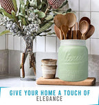 Comfify Wide Mouth Mason Jar Utensil Holder Decorative Kitchenware Organizer Crock, Dishwasher Safe - Kitchen Caddy Green, Large Size 7" Hight