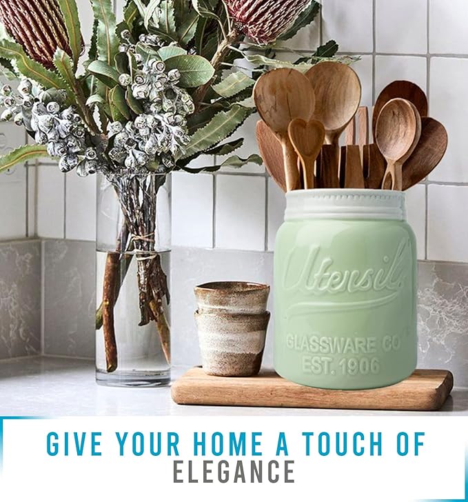 Comfify Wide Mouth Mason Jar Utensil Holder Decorative Kitchenware Organizer Crock, Dishwasher Safe - Kitchen Caddy Green, Large Size 7" Hight