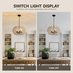 19" Rattan Farmhouse Chandelier Light Fixtures,4-Light Boho Rattan Chandelier for Dining Room Large Hand Woven Pendant Light Hanging Light Fixtures with Fabric Shade for Living Room Bedroom Kitchen