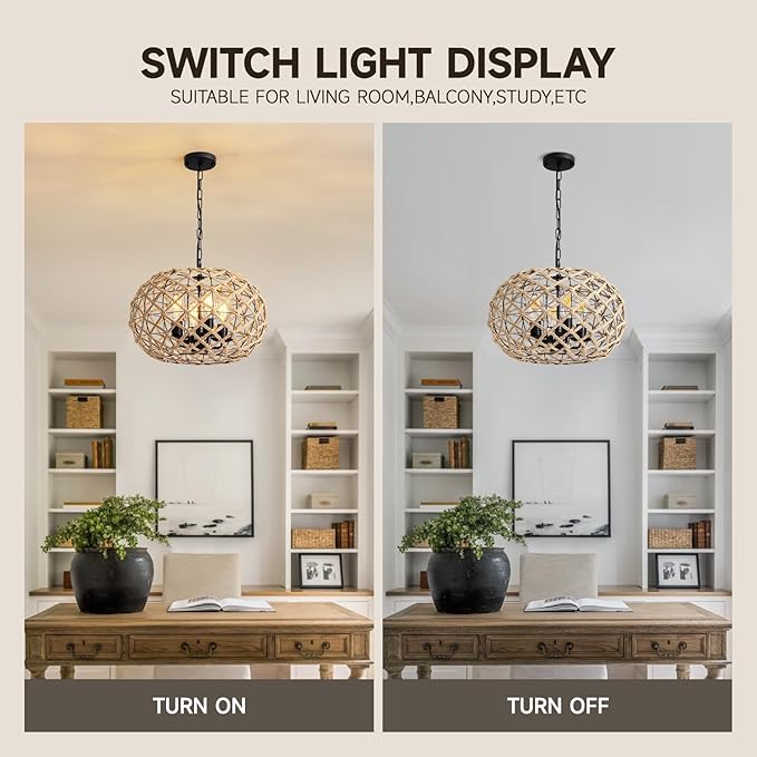 19" Rattan Farmhouse Chandelier Light Fixtures,4-Light Boho Rattan Chandelier for Dining Room Large Hand Woven Pendant Light Hanging Light Fixtures with Fabric Shade for Living Room Bedroom Kitchen