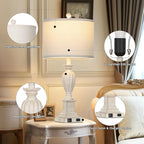 27" Farmhouse Table Lamps Set of 2 with USB C+A Ports & AC Outlet for Vintage Living Room Retro Bedroom,3-Way Dimmable Touch Lamp Resin Bedside Lamps for Nightstand Side End Table,Cream