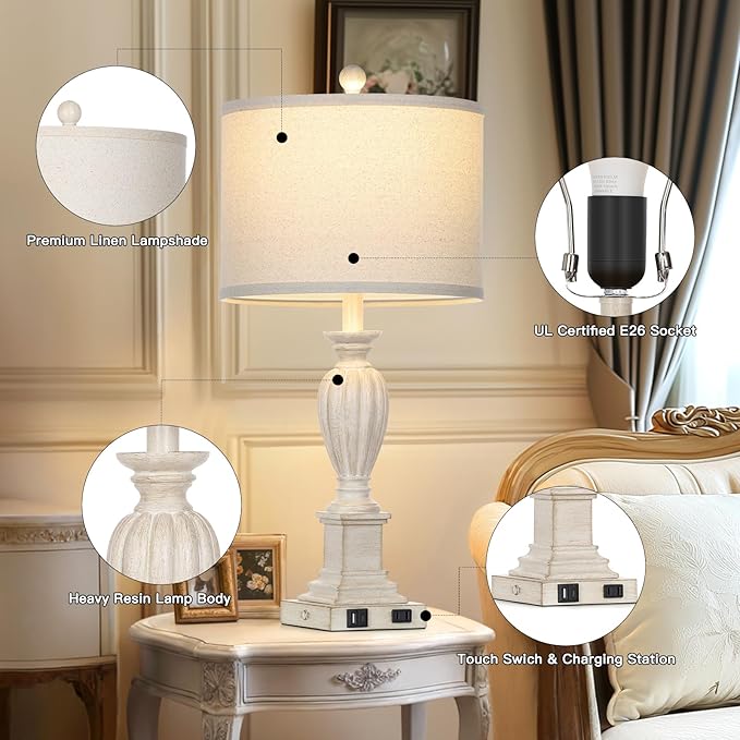 27" Farmhouse Table Lamps Set of 2 with USB C+A Ports & AC Outlet for Vintage Living Room Retro Bedroom,3-Way Dimmable Touch Lamp Resin Bedside Lamps for Nightstand Side End Table,Cream