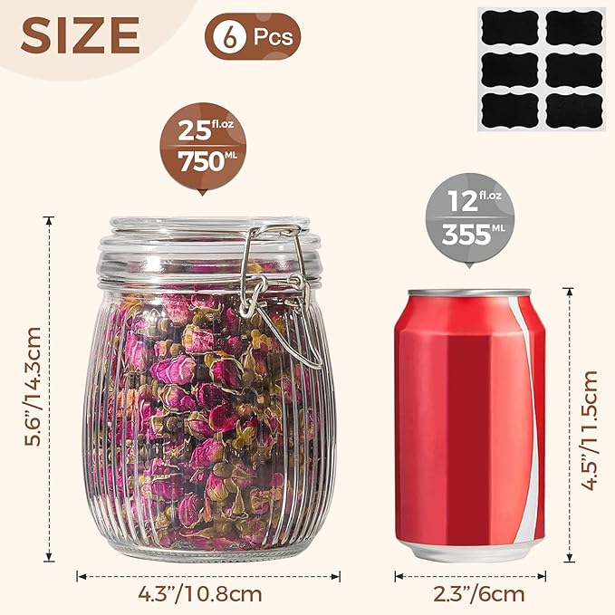 ComSaf Airtight Glass jar with lid 25oz Set of 6, Glass Storage Containers with Lids, Glass Canister, Mason Jars, Striped Clip Fastening Jar for Kitchen Canning, Oat, Coffee, Pasta, Snack, Nut, Candy