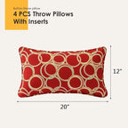 Outdoor Decorative Pillows Pack of 4, 20" x 12" Outdoor Pillow Set for Couch Bed Throw Patio Sofa, Circle Red