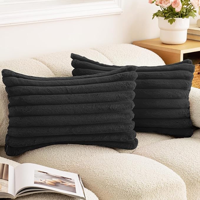 Double-Sided Faux Fur Plush Throw Pillow Covers 12x20 Set of 2 Fuzzy Striped Soft Cozy Pillowcase Luxury Decorative Pillows Rectangle Fluffy Cushion Covers for Couch Sofa Bed,Black
