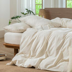 MooMee Striped Duvet Cover Set 100% Washed Cotton Linen Like Textured Breathable Durable Soft Comfy (Almond Milk Grey Pinstripes, Super King 108"x98")