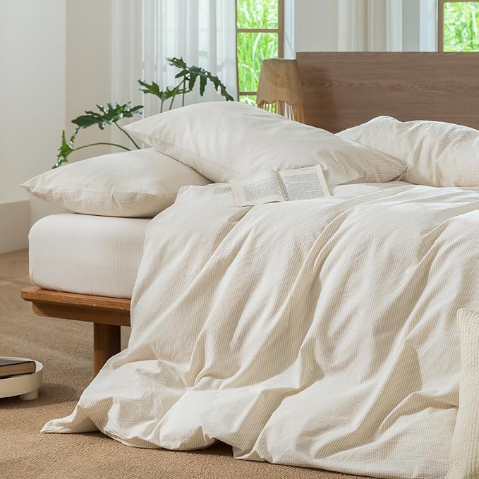 MooMee Striped Duvet Cover Set 100% Washed Cotton Linen Like Textured Breathable Durable Soft Comfy (Almond Milk Grey Pinstripes, Super King 108"x98")