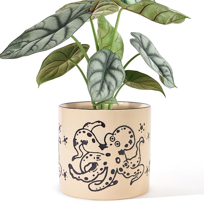 5 Inch Ceramic Plant Pots with Drainage Holes, Small Round Flower Pots for Indoor Plant, Unique Animal Flower Planters (Octopus)