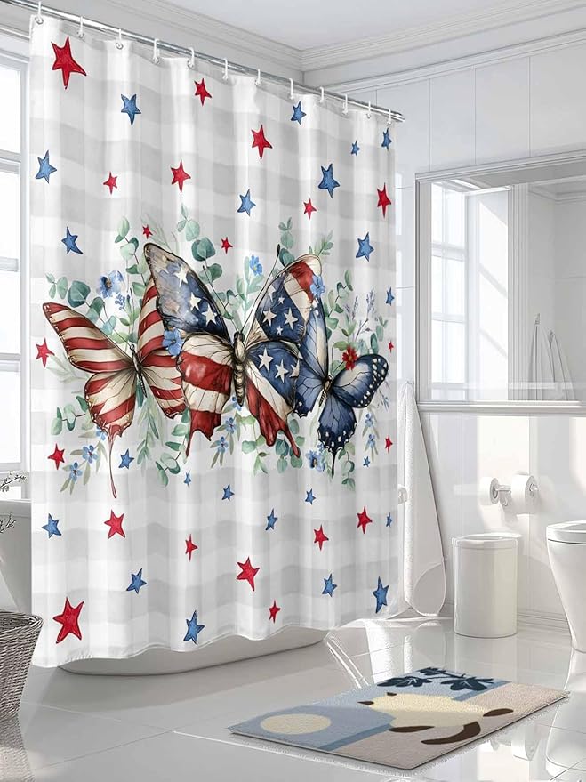4th of July Shower Curtain, Patriotic Stars Butterfly Shower Curtains Set with Hooks, Eucalyptus Leaves Plaid Independence Day Waterproof Bathroom Curtains Decor Accessories,72 X 84 Inch Extra Long