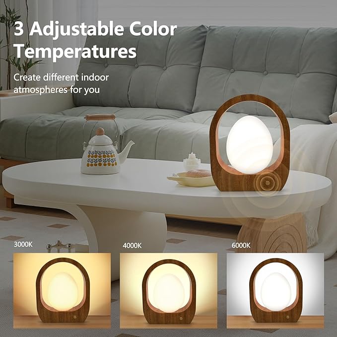 JESLED Rechargeable Cordless Table Lamp, Touch Control 3-Color Dimmable Bedside Lamp, Small Nightstand Lamp with Wooden Retro Design for Bedroom Ambient Lighting