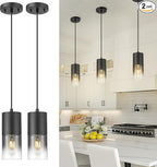 2-Pack Pendant Lights Kitchen Island, Hanging Lights Fixtures with Cylinder Black Gradient Glass, Modern Kitchen Pendant Lighting Over Island for Dining Room, AD-24023-1P2-BK-SM