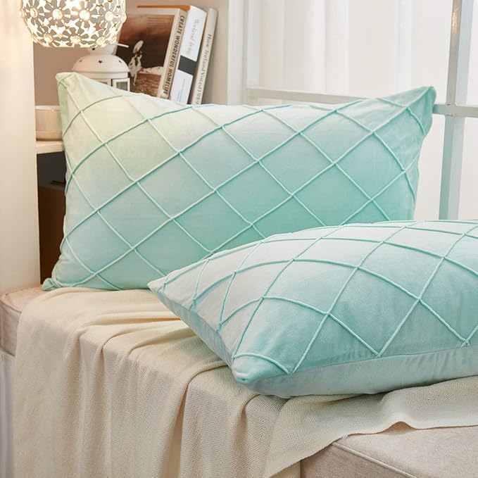 JAUXIO Diamond Pinch Pleated Crystal Velvet Pillowcases 2 Pack Solid Pintuck Throw Cushion Cover for Home Decor Hidden Zipper Closure (Mint Aqua, Standard)