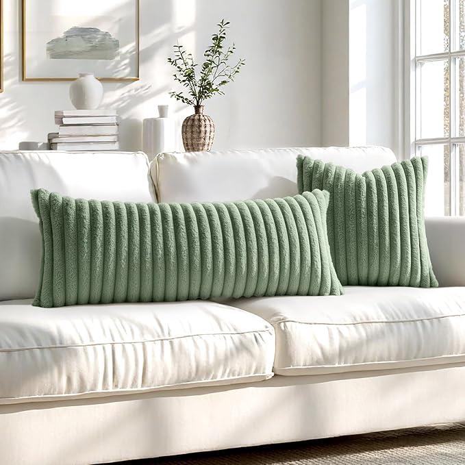 MIULEE Faux Fur Lumbar Decorative Throw Pillow Covers 12x20 Inch Set of 2, Modern Spring Home Decor Soft Plush Couch Pillows Cozy Fluffy Cushion Covers for Sofa Bed Sage Green