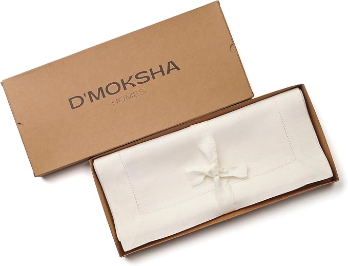 D'Moksha Homes Linen Ivory Table Runner 84 Inches Long - 100% Pure Linen Table Runner 14 x 84 Inch for Fall, Autumn and Halloween - Classic Hemstitch