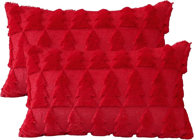 OTOSTAR Set of 2 Xmas Soft Plush Short Wool Velvet Decorative Throw Pillow Covers Rectangular Luxury Style Cushion Case Pillow Shell for Sofa Bedroom Christmas Tree Red, 12x20 Inch