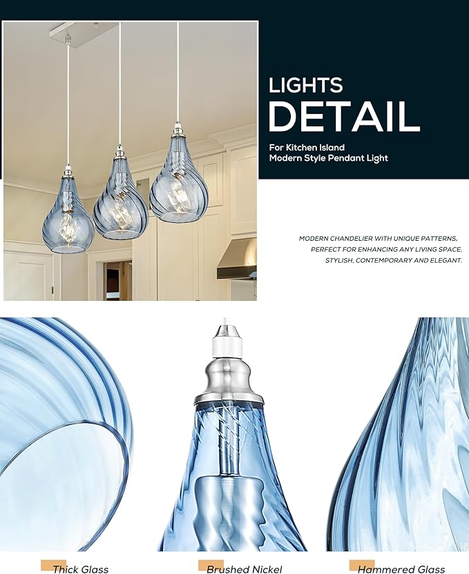 TENGXIN 3-Light Pendant Lights for Kitchen Islands - Brushed Nickel with Blue Glass. Farmhouse Style, Ideal for Dining Rooms and Bedrooms, 6 Inch