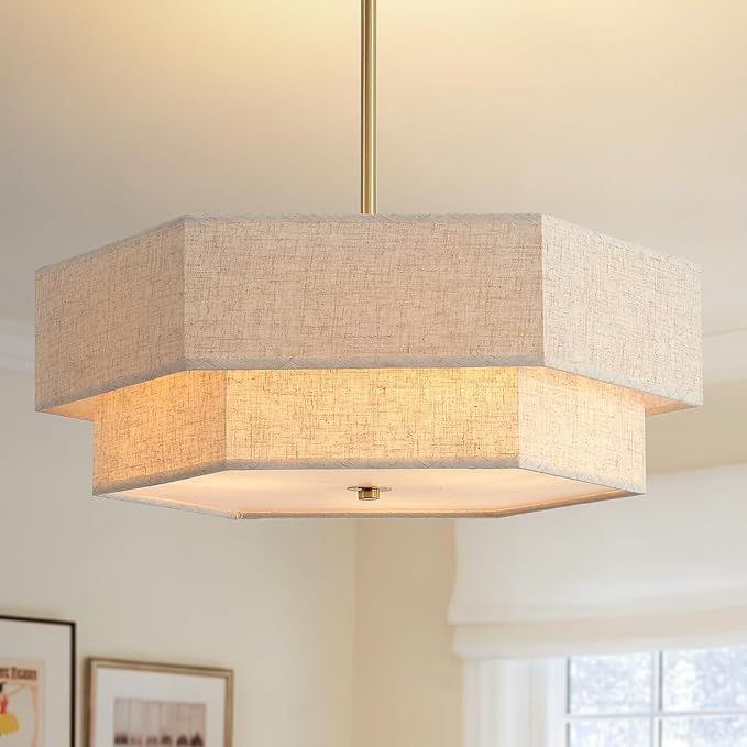 17.7" Modern Chandeliers for Dining Room, 3-Light Ceiling Pendant Light Gold Bedroom Light Fixture with 2-Layer Linen Drum Shade, Vintage Brass Chandelier for Kitchen Entryway Living Room
