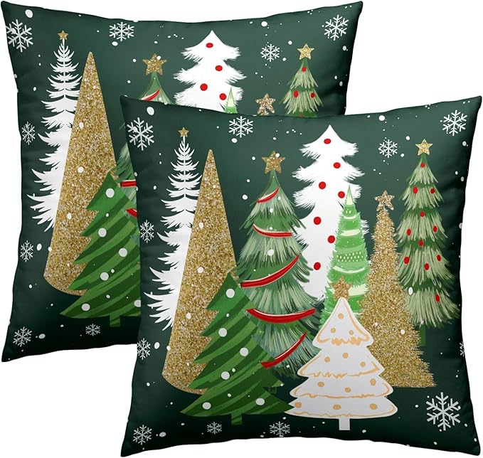 Christmas Throw Pillow Covers 20x20 Set of 2, Gold Green Xmas Trees Decorative Throw Pillows Seasonal Winter Soft Cotton Cushion Case for Sofa Couch Farmhouse Home Decor