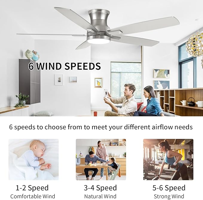 YUHAO 52 Inch Flush Mount Brushed Nickel Ceiling Fan with Light and Remote Control.Noiseless,Dimmable,3CCT,6 Speeds Reversible, Low Profile DC Ceiling Fans for Indoor Use