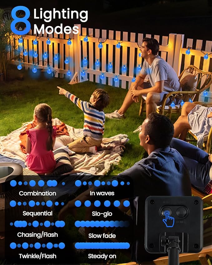 LORRYTE 2-Pack 120 LED Blue Solar Christmas Lights Outdoor - 72FT Crystal Globe Waterproof Solar String Lights with 8 Lighting Modes for Christmas Decorations, Garden, Patio, Party, Porch