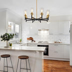 8 Light Gold Chandelier for Dining Room Light Fixtures Black & Brushed Brass Modern Farmhouse Chandelier Industrial Hanging Pendant Lighting for Living Room Kitchen with Glass Shade