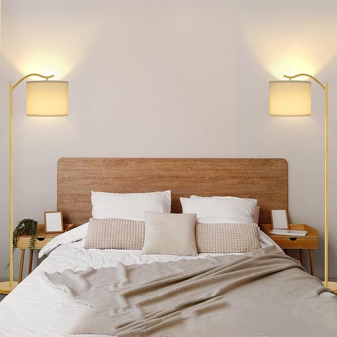 BoostArea Floor Lamp for Living Room,LED Arched Standing Lamp,Tall Modern Standing Lamp with Linen Shade,E26 Socket,Footswitch,Mid Century Gold Floor Lamps for Bedrooms,Office,Double-Layer lampshade