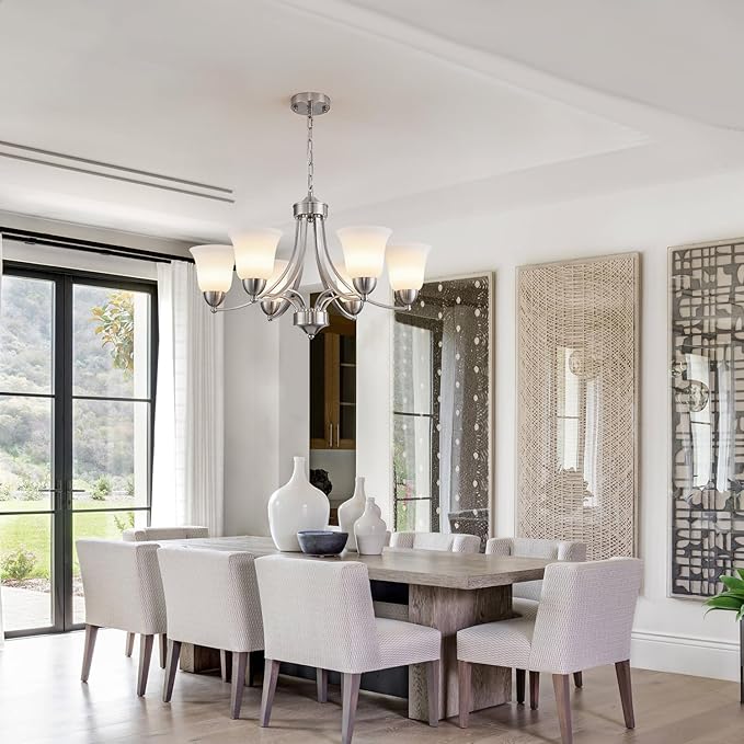 6 Lights Brushed Nickel Dining Room Light Fixture Farmhouse Modern Chandelier Pendant Light Silver Adjustable Ceiling Hanging Lighting with Frosted Glass for Kitchen Island Living Room Foyer